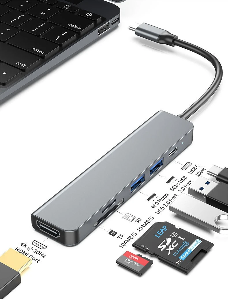 Typec 6-en-1 lector de tarjetas de cámara tfsd HDMI4K portátil estación de acoplamiento multifunción