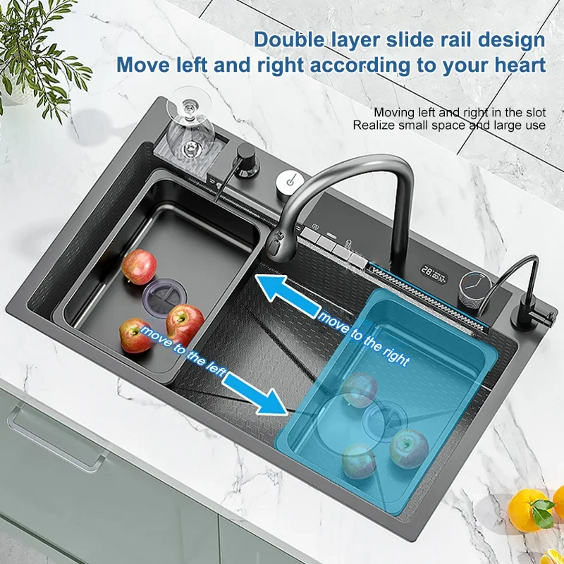 Stainless Steel Waterfall Kitchen Sink Large Single Slot Integrated Digital Display Faucet Set Wash Basin For Kitchen