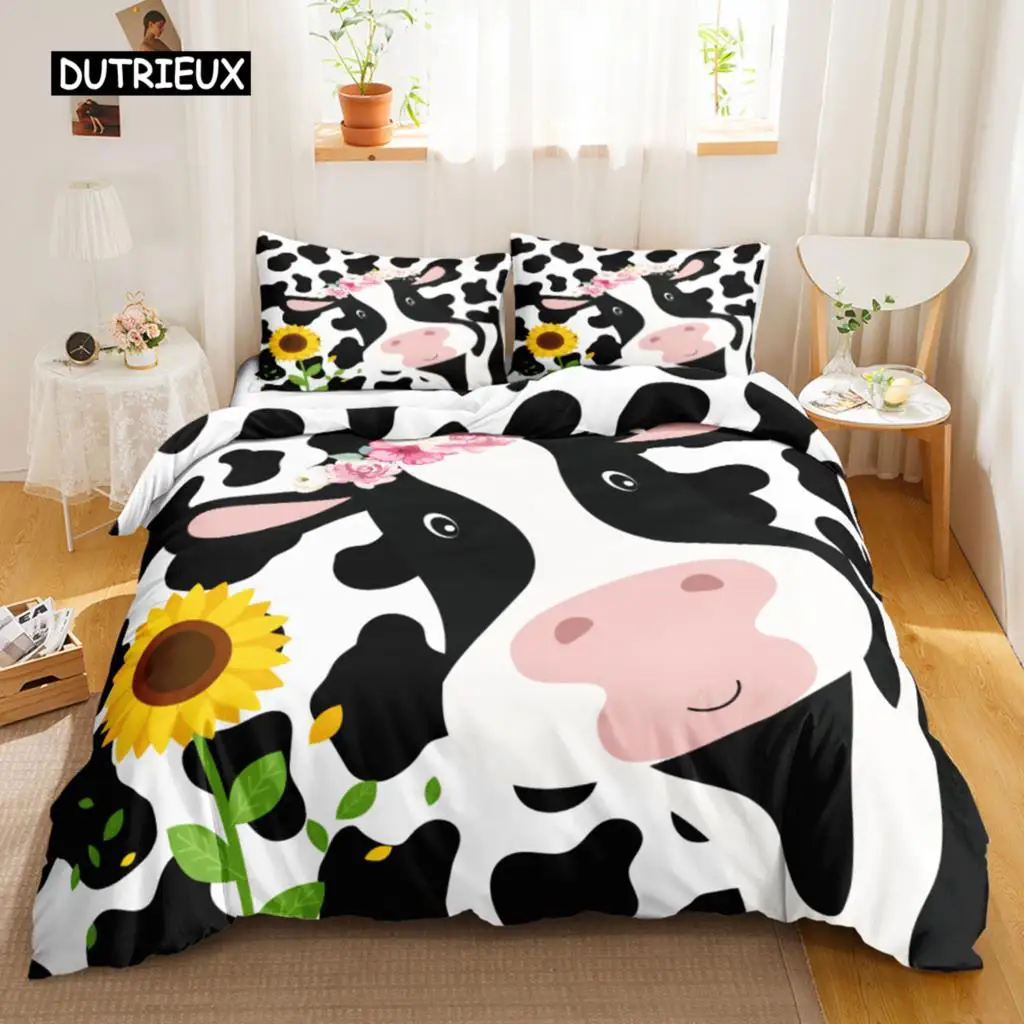 

Cow Print Duvet Cover Animal Cow Doodle Cartoon Drawing Farming Husbandry Sunflower Polyester Bedding Set Twin Queen King Size