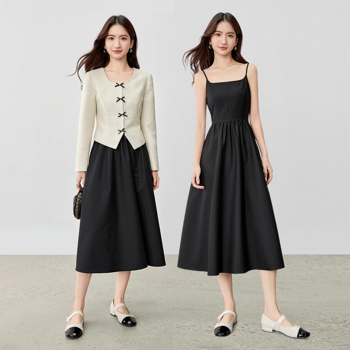 Sentubila conjunto de terno de tweed feminino 2025 outono gola virada para baixo contraste cor arco casaco & vestido suspender roupa de escritório 153za2418