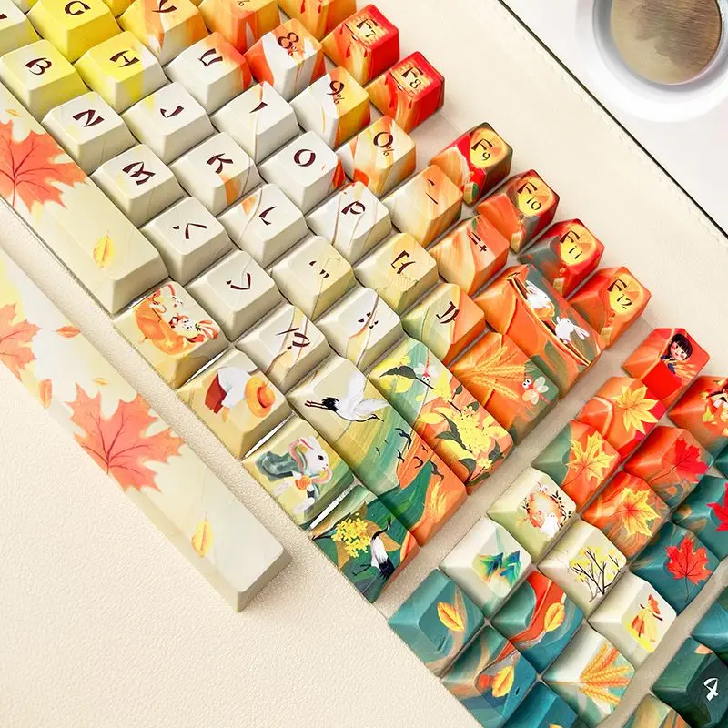 136-Key Keycaps Five-Sided Sublimation Cherry PBT Mechanical Keyboard Yellow Keycaps Autumn Leaves Maple Leaves Autumn Thoughts