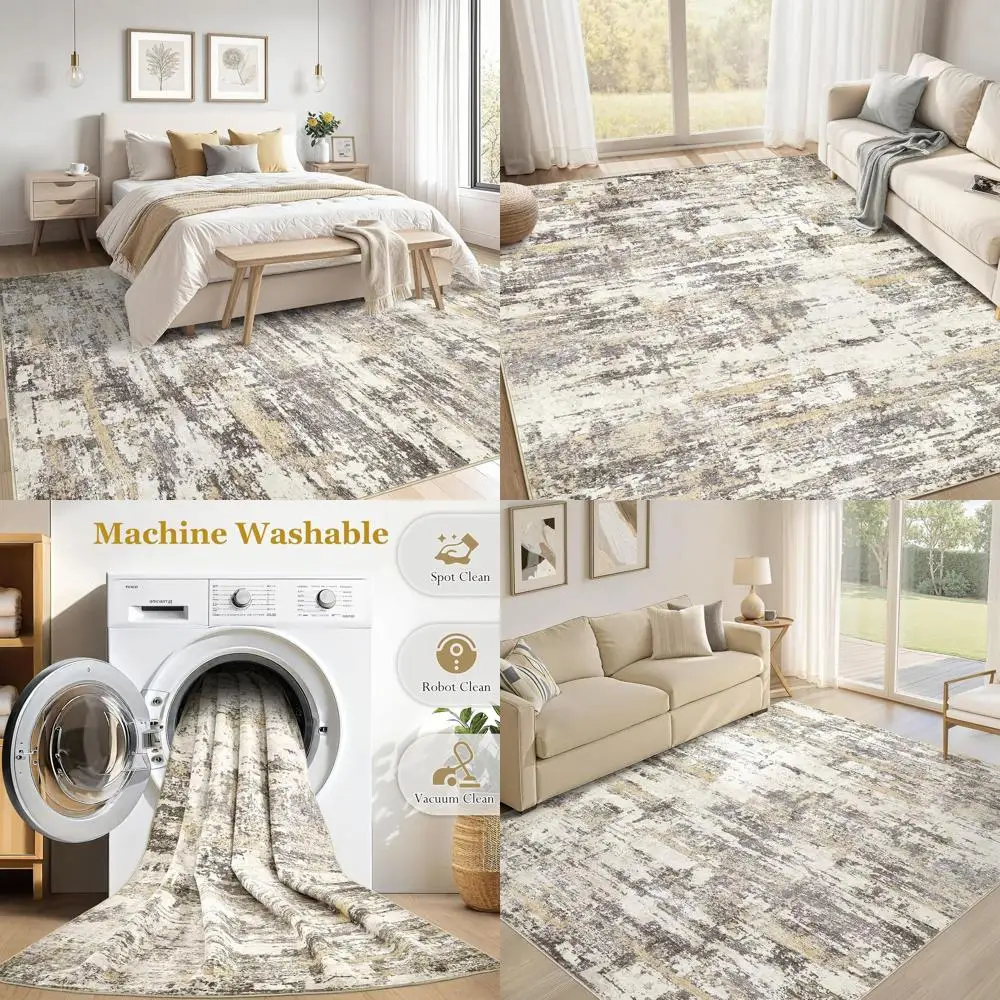 

Large 5x8 Modern Neutral Area Rug, Washable, Soft, Stain Resistant, Non-Slip Backing for Living Room, Bedroom, Dining Room, Home