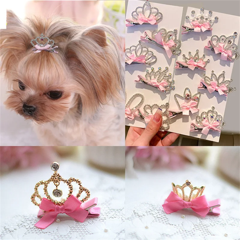 New Crystal Rhinestone Dog Hair Clip Crown Accessories Pet Grooming for Puppy Cats Pet Hairpins Dog Multicolor Bow Cat Headwear