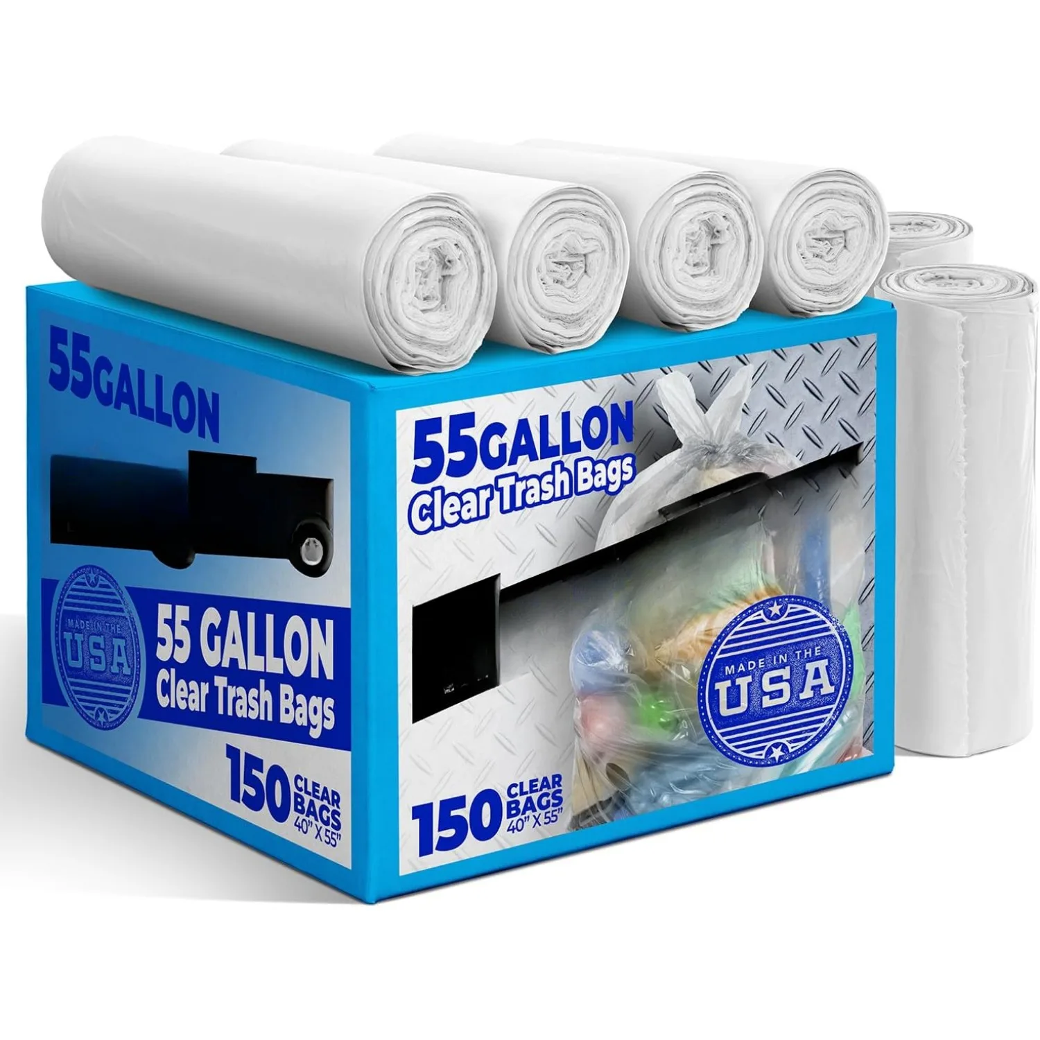 

55 gallon heavy-duty transparent garbage bags (150 pieces) -55-60 gallon lawn and leaf trash cans - Made in the United States