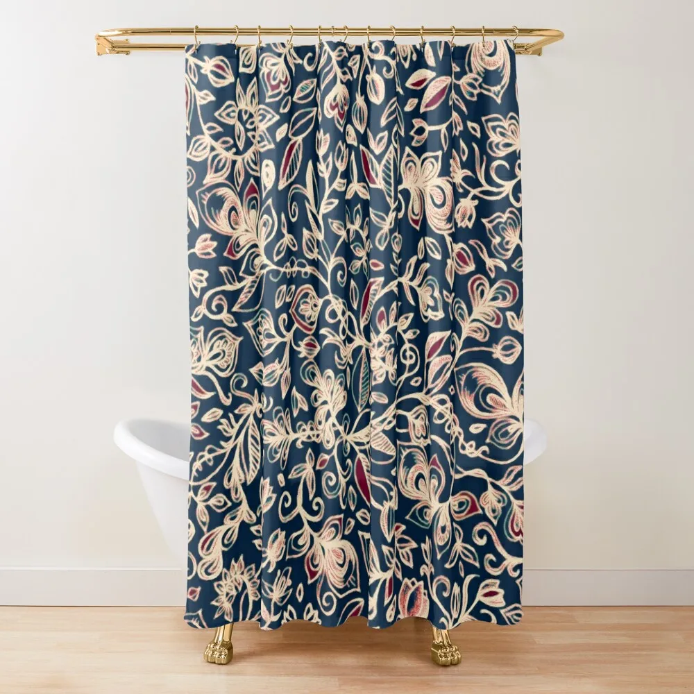 

Navy Garden - floral doodle pattern in cream, dark red & blue Shower Curtain Bathroom Shower Set Curtain