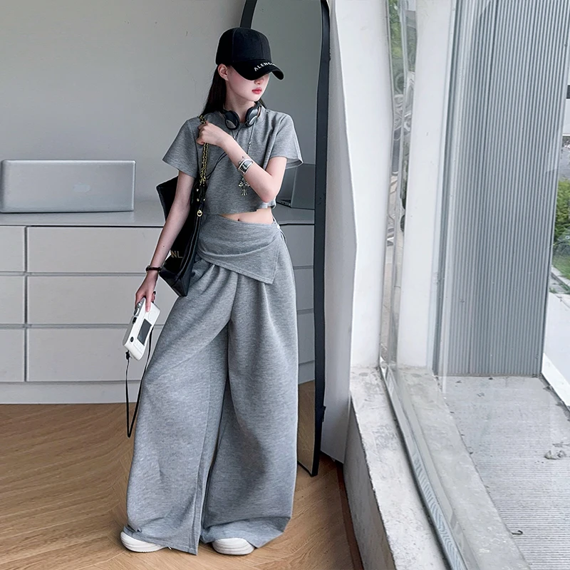 Kids Girl Fashion High Street Clothes Set Crop Tops And Pants Two-piece Set for Child Trendy Gray Color Cotton Knit Outfit Suit