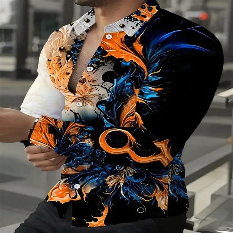 2025 Spring Men's Shirt Fashion Retro Street Texture Print Shirt Men's Long Sleeve Lapel Shirt Top Office Clothing