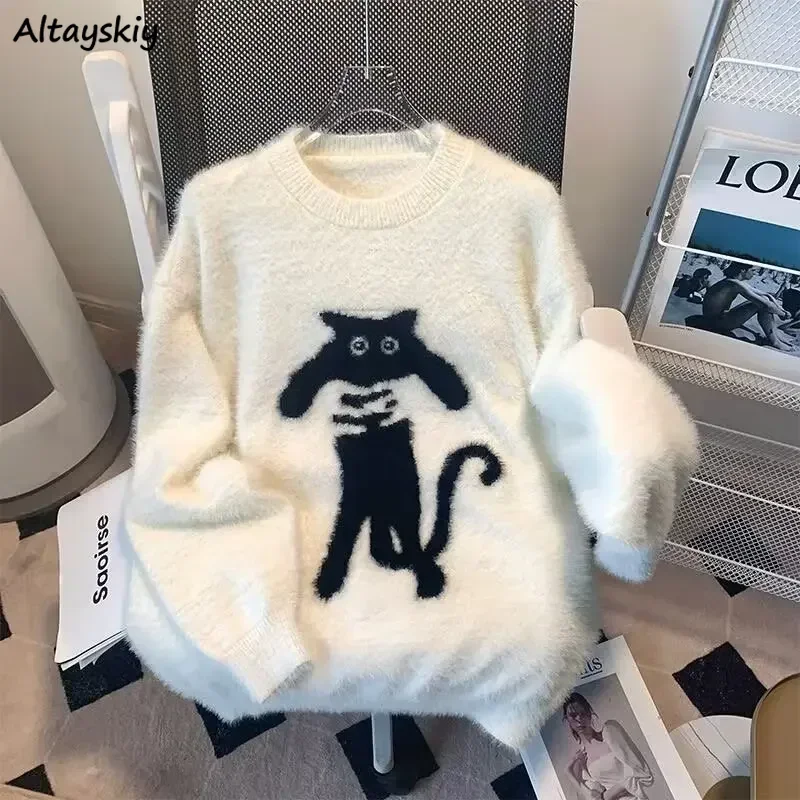 Lazy Style Pullovers Women Loose Fit Chic Cartoon Cats All-match Leisure College Knitted Velvet Classic Prevalent Autumn Mujer