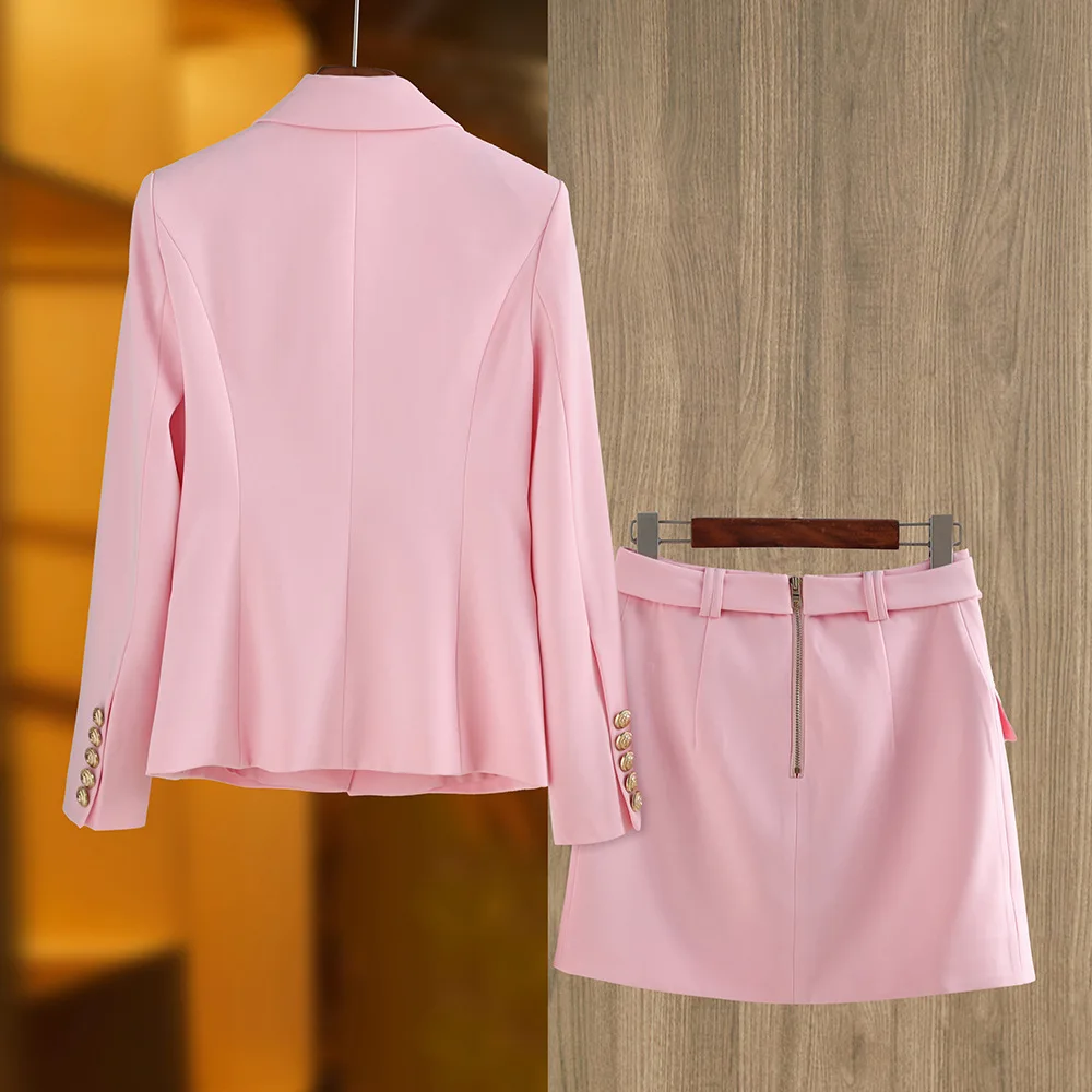 New Arrival Elegant Style Lady Office Work Suit Double-breasted Long Sleeve Fitted Blazer A-line Pencil Mini Skirt Women 2Pcs