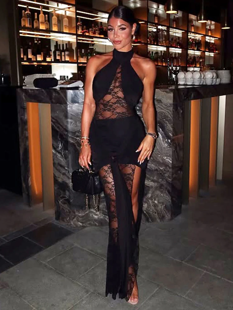 Weird Puss Jacquard Patchwork Dress Women Backless Sleeveless Summer Sexy Skinny Irregular Club Wrapped Bandage Split Bodycon