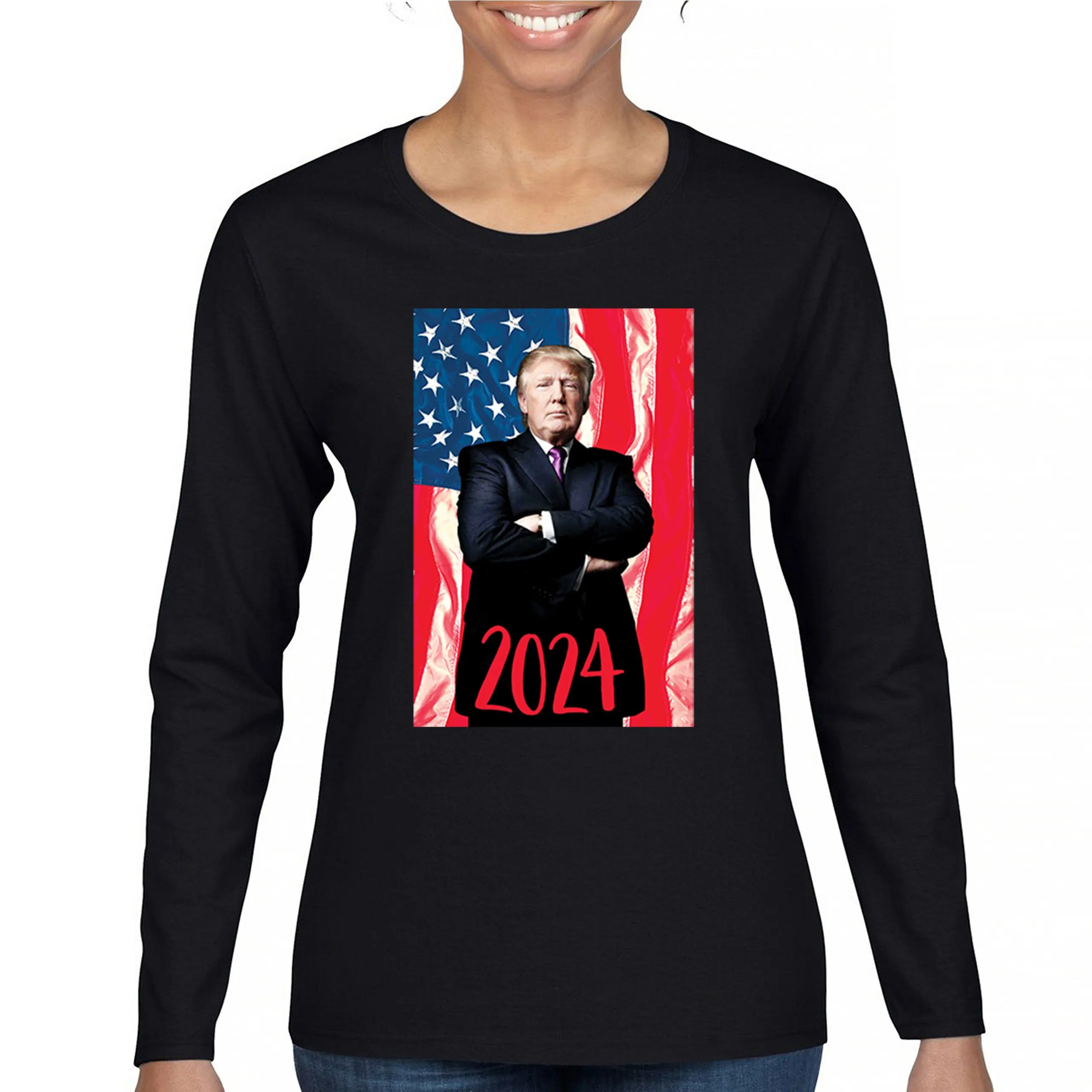 T-shirt manches longues femme, Donald Trump, American Feel Pose, Président MAGA, 2024