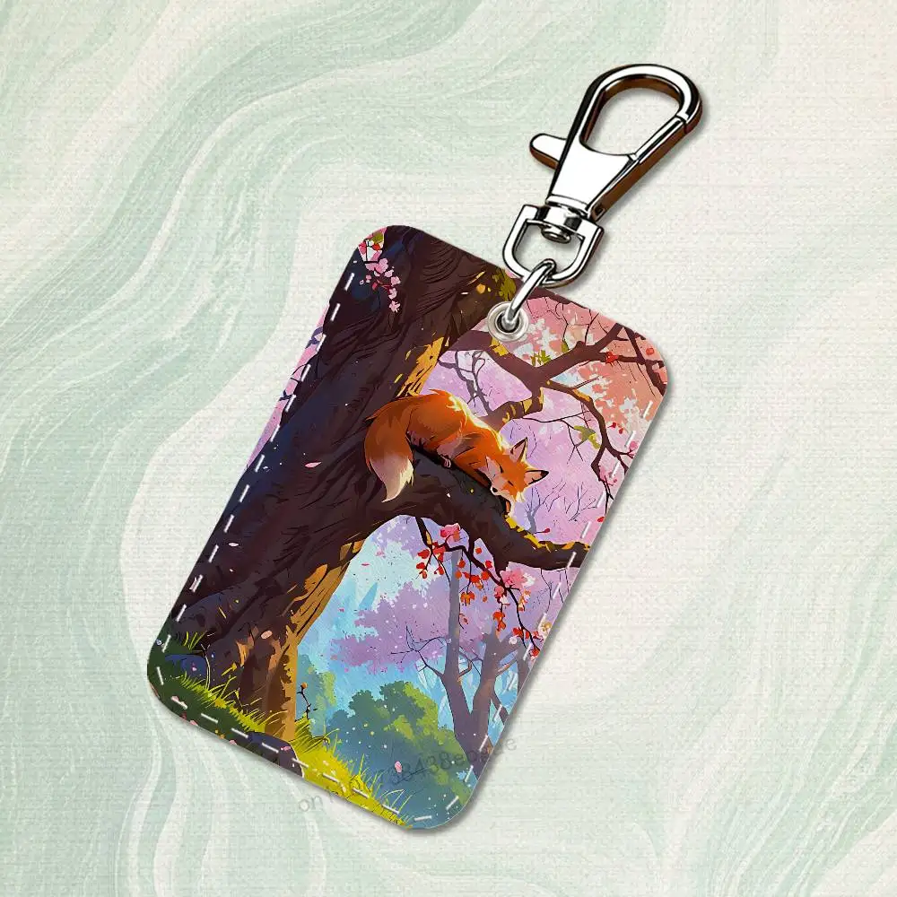 Legal animal raposa retângulo caso de cartão chaveiro saco de cartão de acesso chaveiro titular do cartão de couro chaveiro acesso