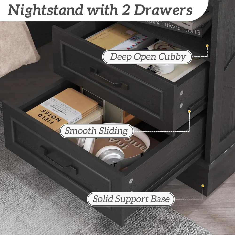 منضدة مزرعة بطول 24 بوصة، ومنضدة ليلية مع محطة شحن، وطاولة بجانب مع أدراج وتخزين مفتوح، وطاولات نهائية ريفية