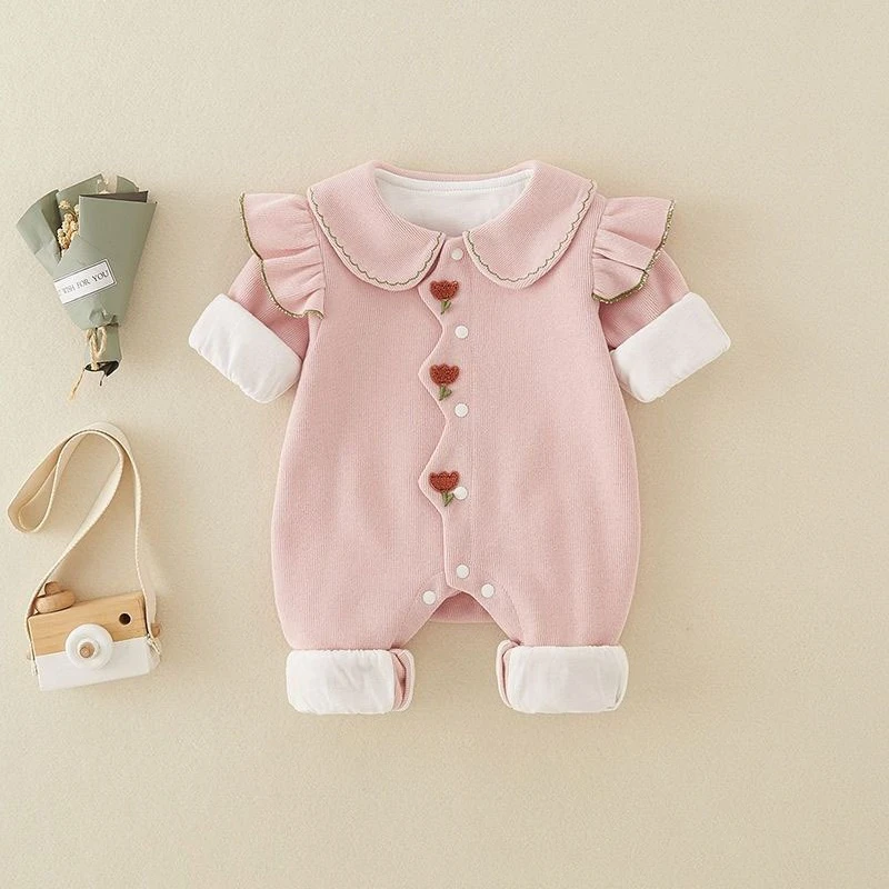 Autumn New Baby Girl Fleece-Lined Romper Super Cute Long-Sleeve Onesie for Newborns Warm and Comfortable Crawling Suit