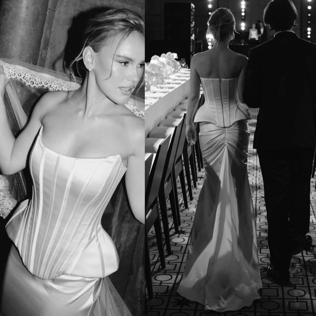 Simple Two Pieces Corset Wedding Separate Dress Sheath Boned Brush Train Ivory Satin Bridal Gown Drape Strapless Customized