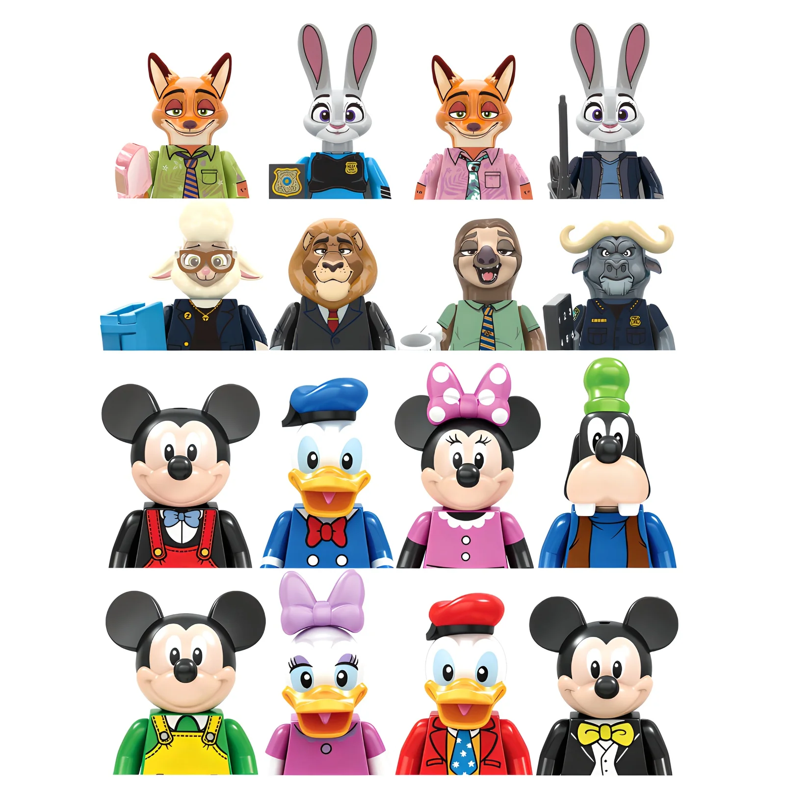 Image of Disney Cartoon Tierfiguren aus Bausteinen, Nick, Judy, Mickey Mouse, Minnie Mouse, Donald Duck, Winnie the Pooh, Piglet, Eeyore