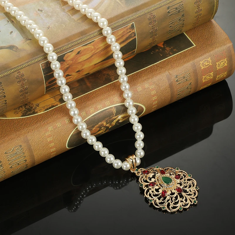 Ensemble de bijoux de luxe en cristal de fleur pour femmes, boucles d'oreilles pendantes de mariage, collier de perles blanches, style marocain classique