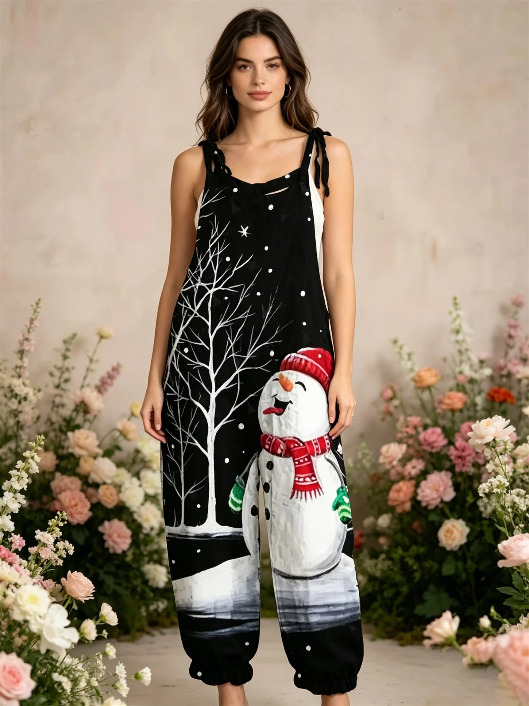 

2026 Santa Claus printed work pants jumpsuit, off shoulder sleeveless loose lantern pants, casual wear