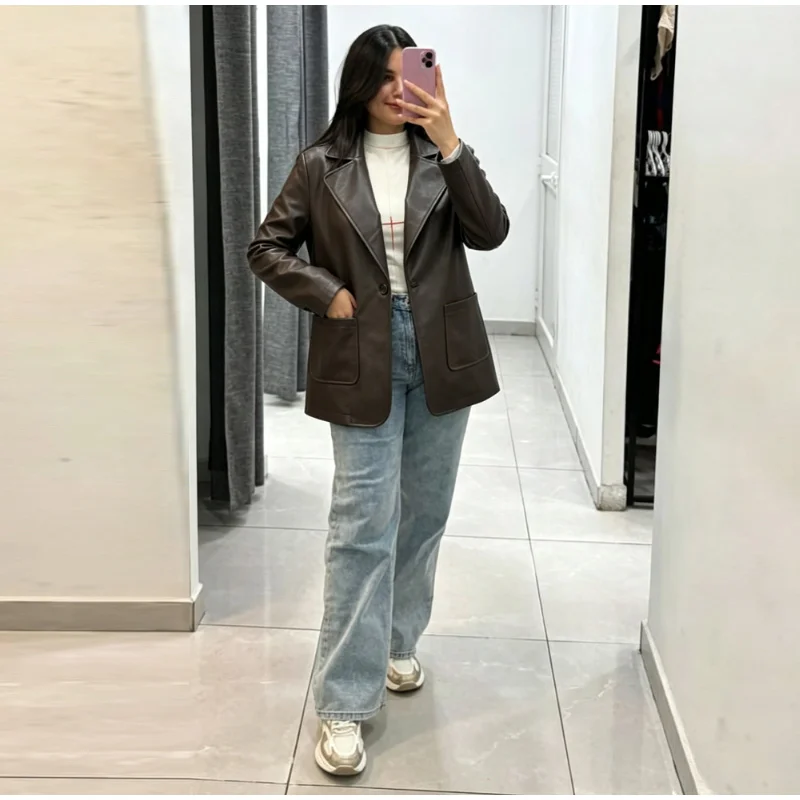 2026 Autumn Faux Leather Blazer Jacket Lapel Collar Single Breasted Big Patch Pockets Loose Vintage Minimalist Outerwear Coat