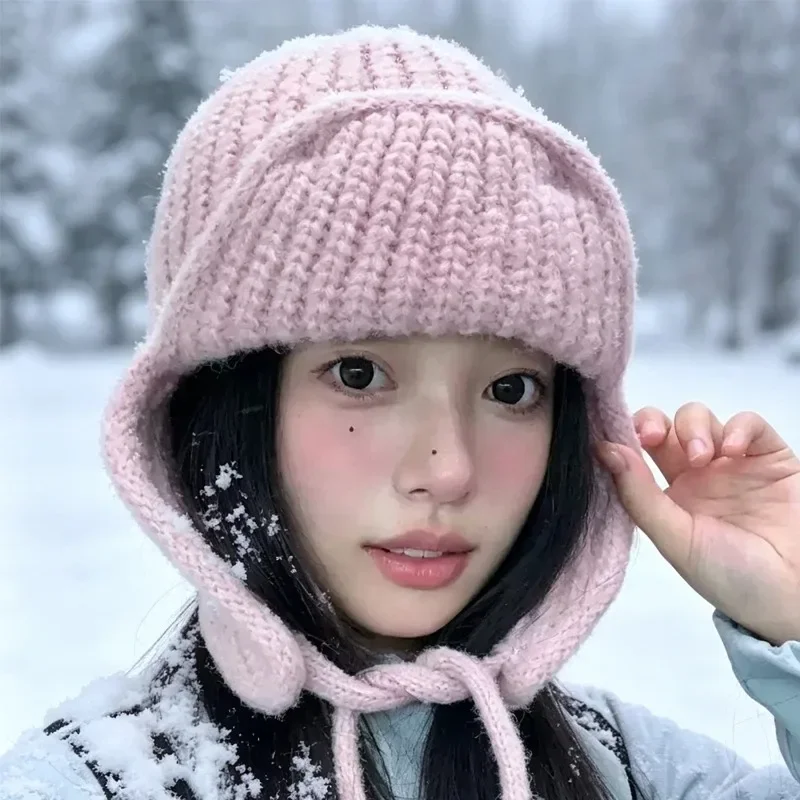 Fashion Ear Protection Flight Hat Korean Wool Knitted Women Winter Warm Slim Face Leifeng Cap Coldproof Outdoor Cozy Beanie