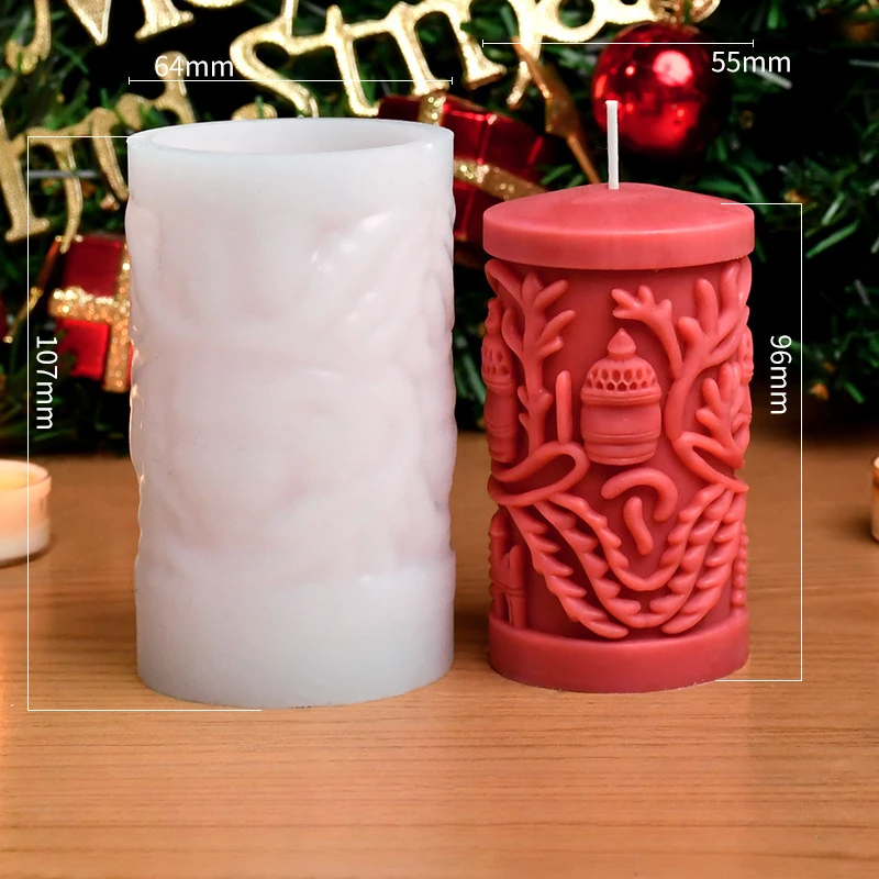 Christmas Candle Silicone Mold Cylindrical Relief Candle Mold Kit Making Handmade Plaster Resin Holiday Gifts