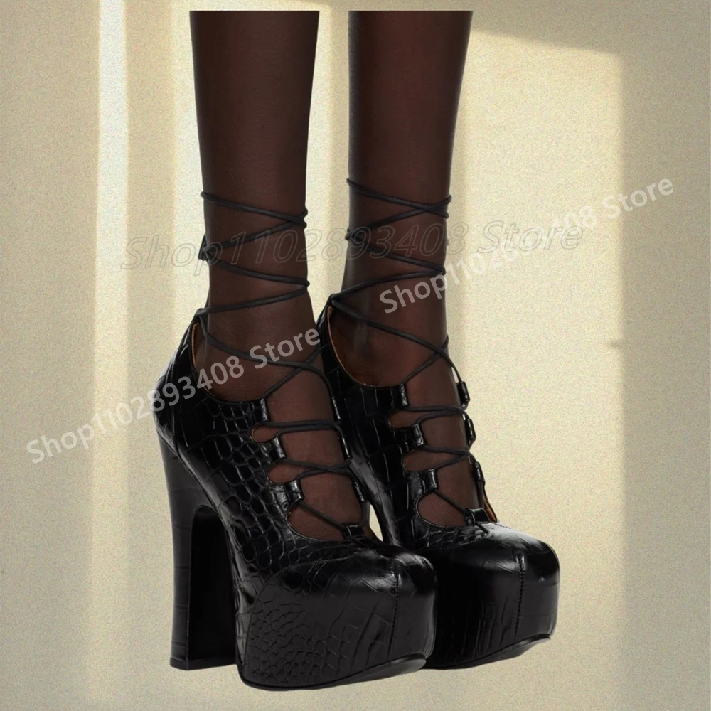 Черные кожаные туфли-лодочки с ремешками и крокодиловым узором, элегантные модные женские туфли на массивном высоком каблуке в стиле ретро, популярная женская обувь 2025, пикантные женские туфли