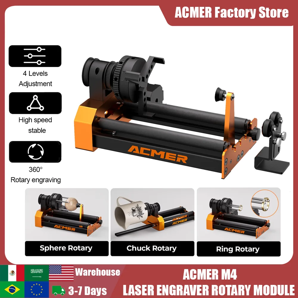 ACMER M4 Laser Engraver Rotary Module 4th Axis Rotary For Rotary Axis Clamp Diameter 4-64mm Accessories Curved Surface 3-Jaw