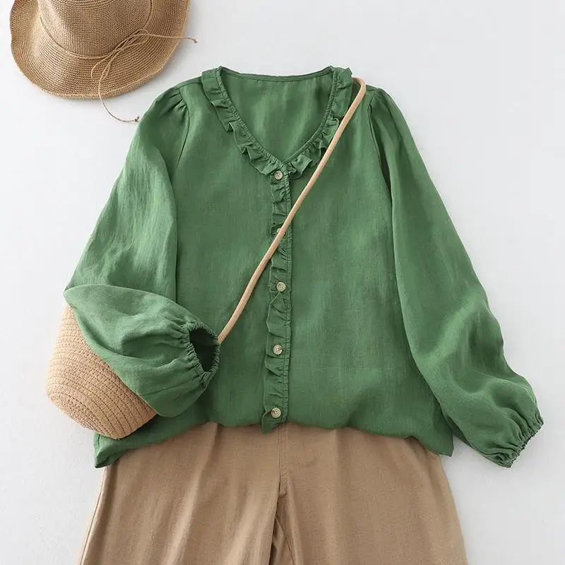 

Brand counter withdrawal women's spring linen shirt design sense V-neck loose wooden ear edge long-sleeved shirt women