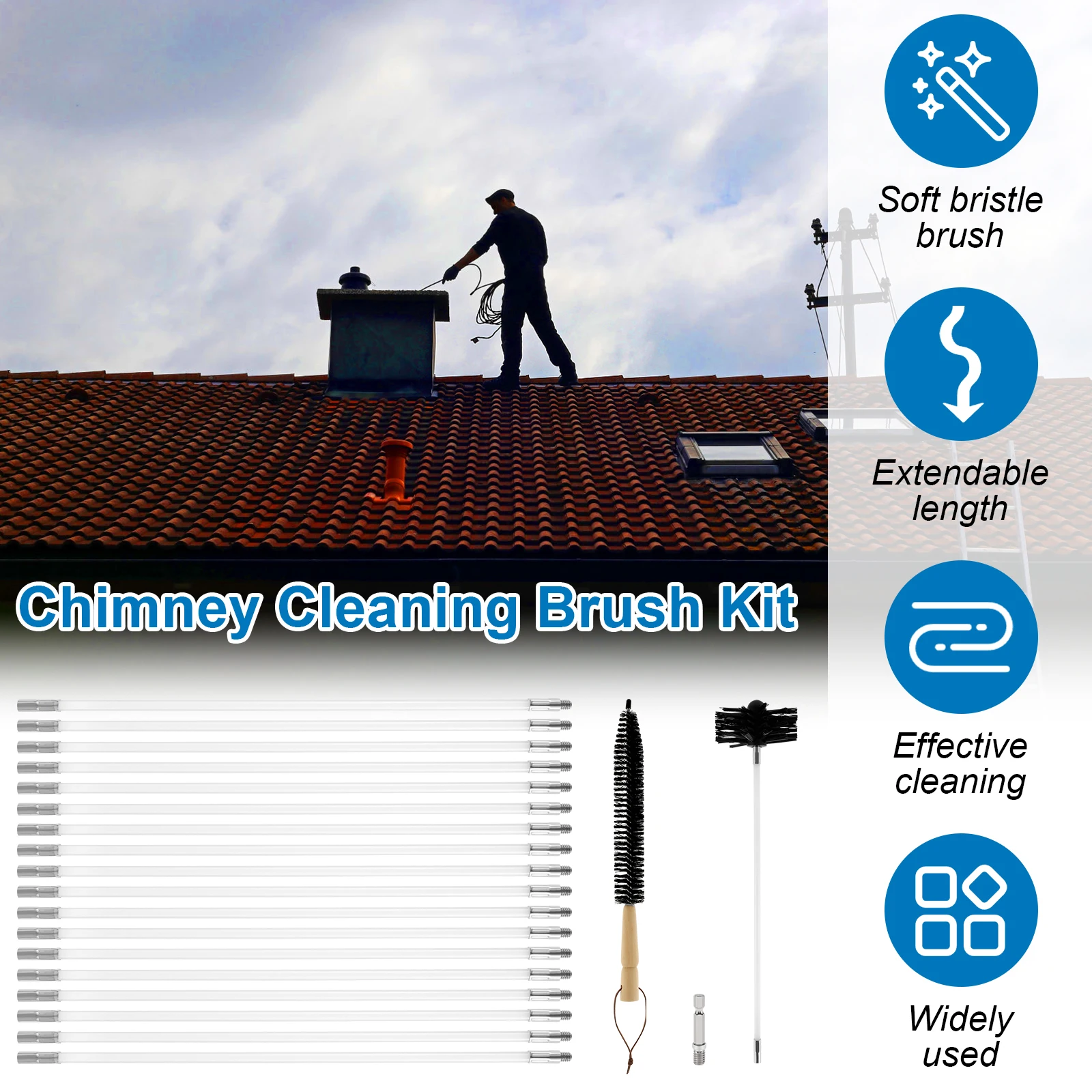 Flexible Chimney Cleaning Brush Set Flue Sweeping Brush&Rod Kit Extendable Vent Cleaner for Wall Tubes Chimney Tubes Dryer Tubes