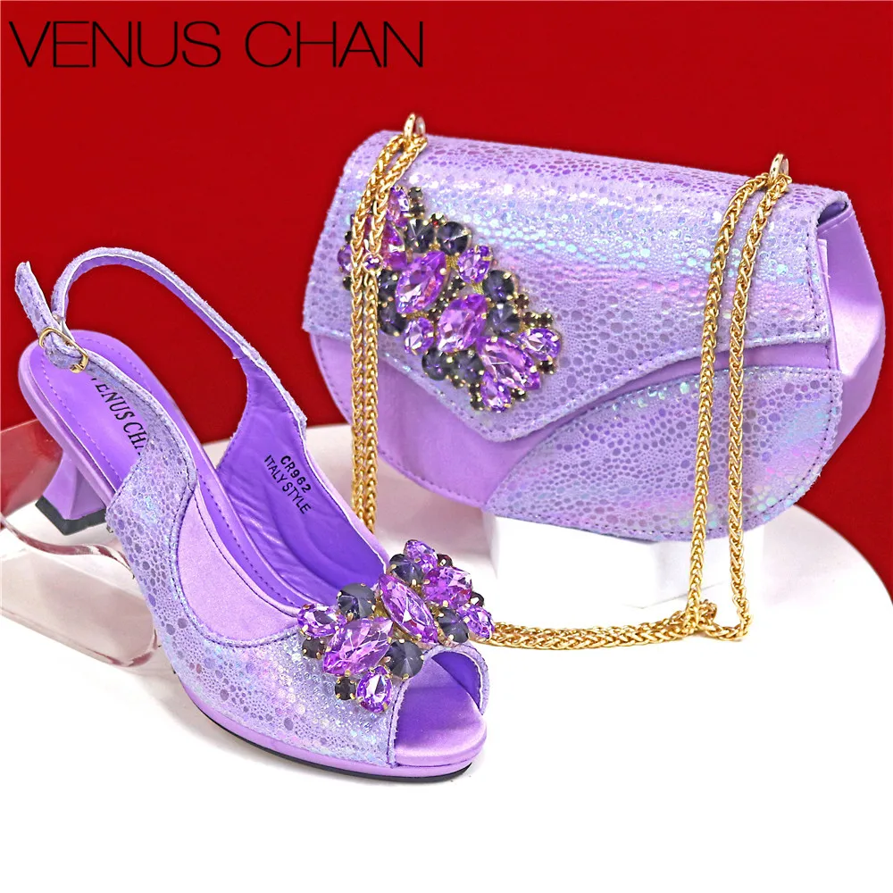 

African Newest Mature Classics Style Platform Design Rhinestone Decoration Party Wedding Shoes and Bag in Purple Color