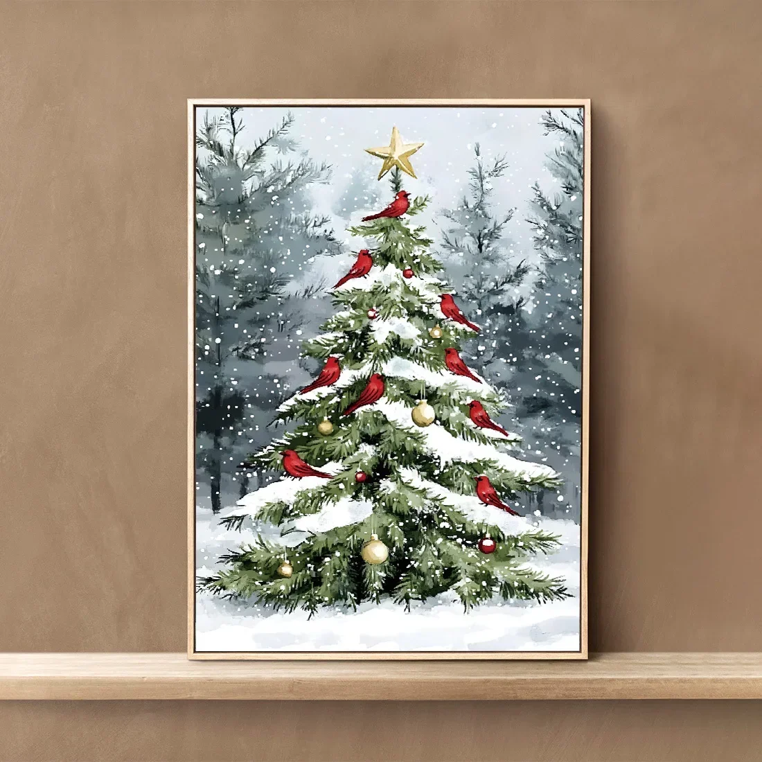 Kerstboom en kardinaal canvas kunstprint lichtbestendig woondecoratie geschikt voor woonkamer slaapkamer kantoor vakantiecadeau