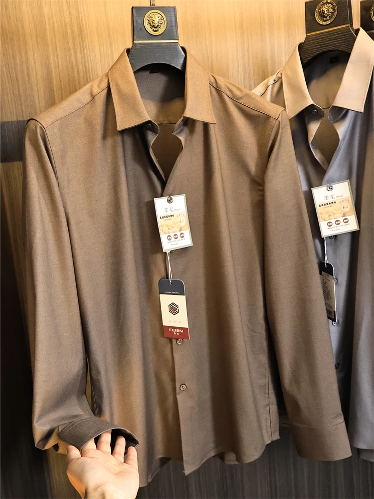 

Ele Wool Blend Long Sve Men's Busin irt Soft Skin-friendly Warm Autumn High Collar Faion Stand Fit Pure Color