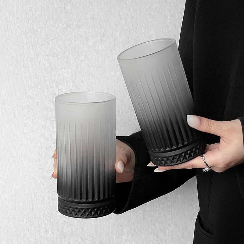 Matte Gradient Black Glass Cup with High Aesthetic Stripes, Coffee Latte, Juice Cup, Milk Cup, Beverage Cup, Household Water Cup