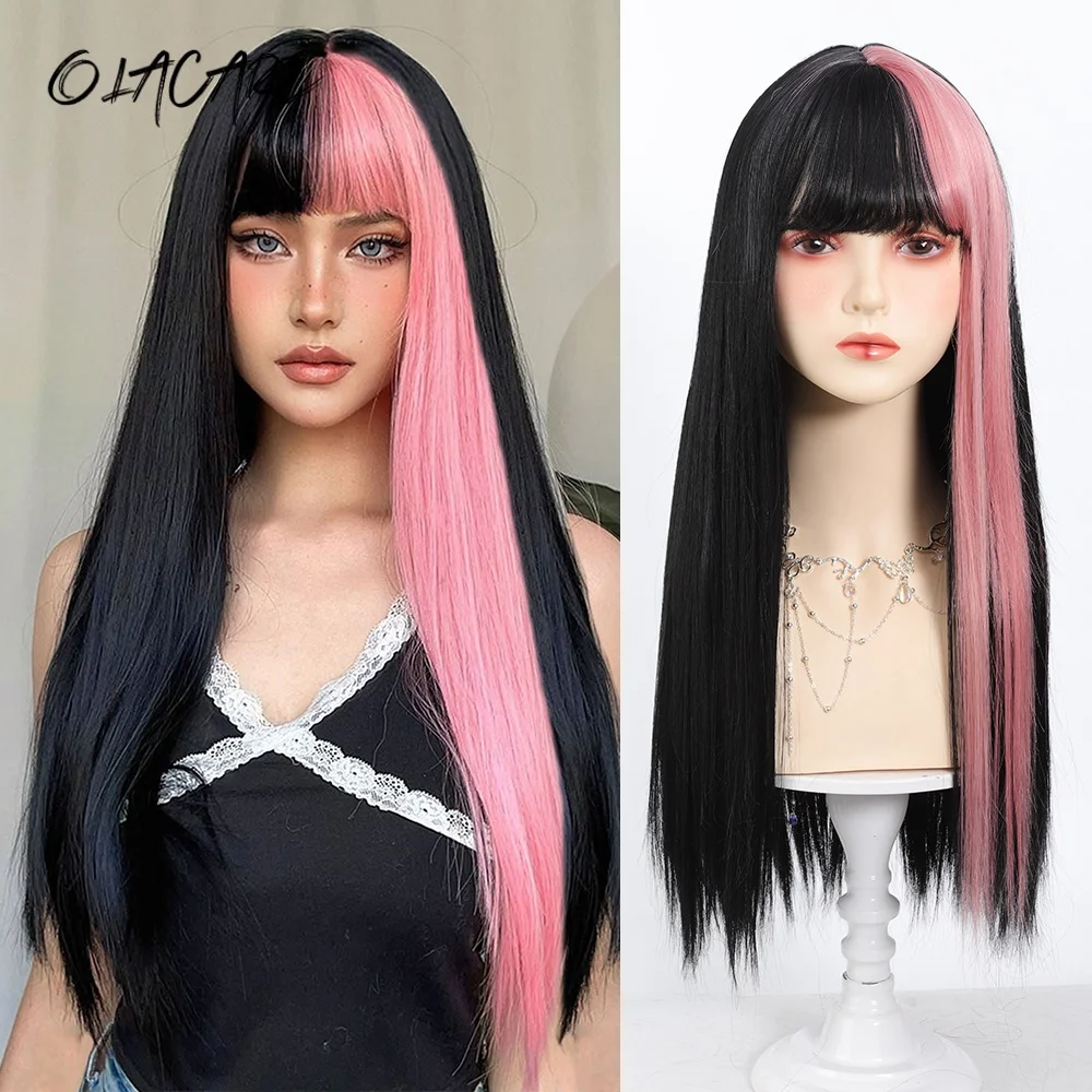 OLACARE Synthetic Long Straight Lolita Wig with Bang Ombre Red Black Cosplay Party Halloween Christmas Wavy Curly Harajuku Wig