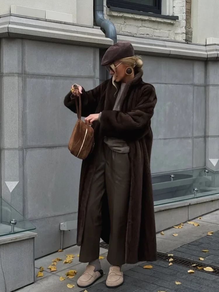 

Роскошное однотонное пальто из искусственного меха с лацканами, женское шикарное повседневное свободное длинное пальто с длинными рукавами и воротником-стойкой, женская зимняя верхняя одежда для поездок на работу