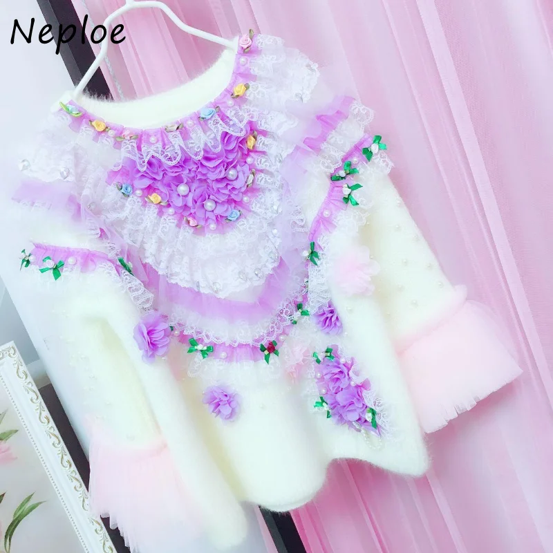 Neploe O Neck Beading Lace Patchwork Stereo Flower Jumpers Solid Color Long Sleeve Mesh Pull Femme Jersey Mujer Sweater Y2k