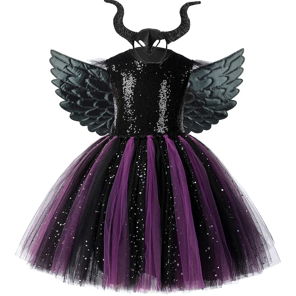 

Halloween Maleficent Costume for Kids Evil Queen Tutu Dress Sequins Black Purple Girls Villain Witch Tulle Princess Dress Outfit