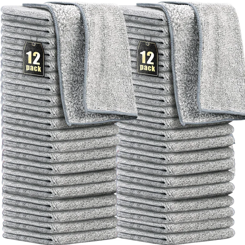 1/12PCS Gray Bamboo Charcoal Thickened Super Absorbent Dishcloth Anti-grease Home Kitchen Wiping Rags Microfiber Cleaning Cloths