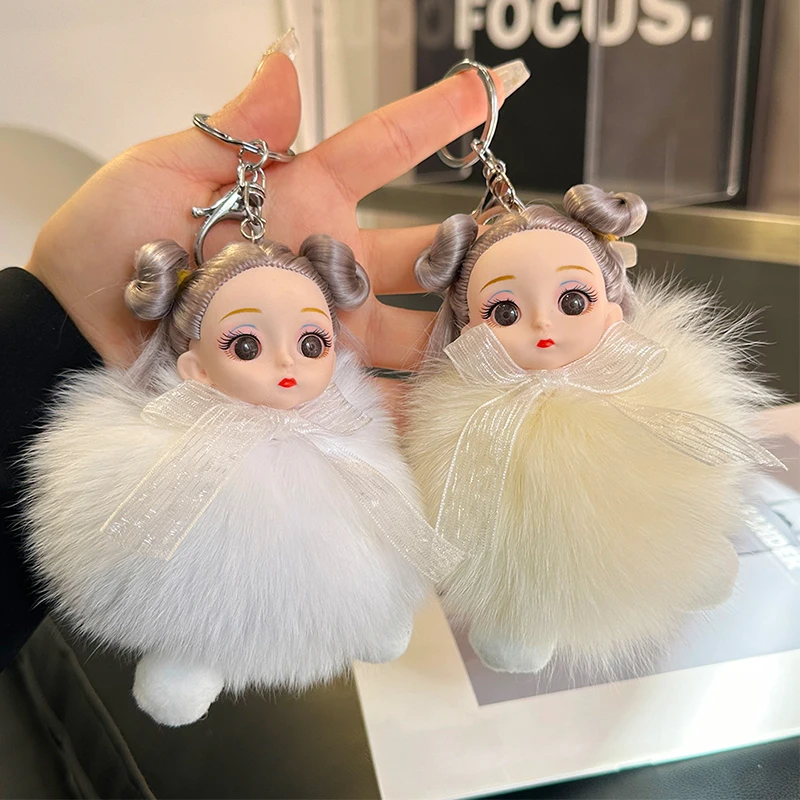 Natural Fox Fur Keychain Women Furry Pom Pom Doll Keyring Chic Y2k Bag Charms Beautiful Accessory 14CM Plush Car Keychains For