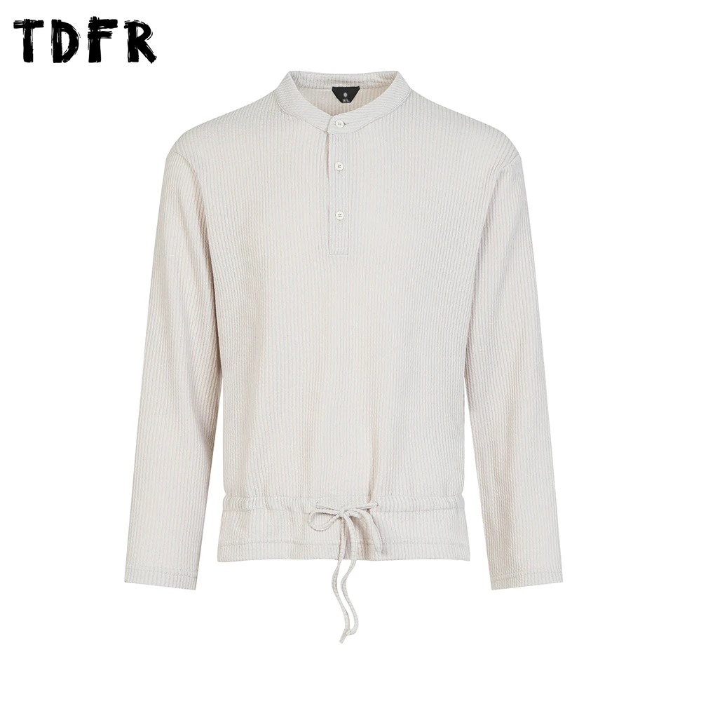 

Solid Color Henley Collar Long Sleeve T-shirt Mens Autumn Winter Casual Simple Loose Drawstring Hem Tshirt Man Tee