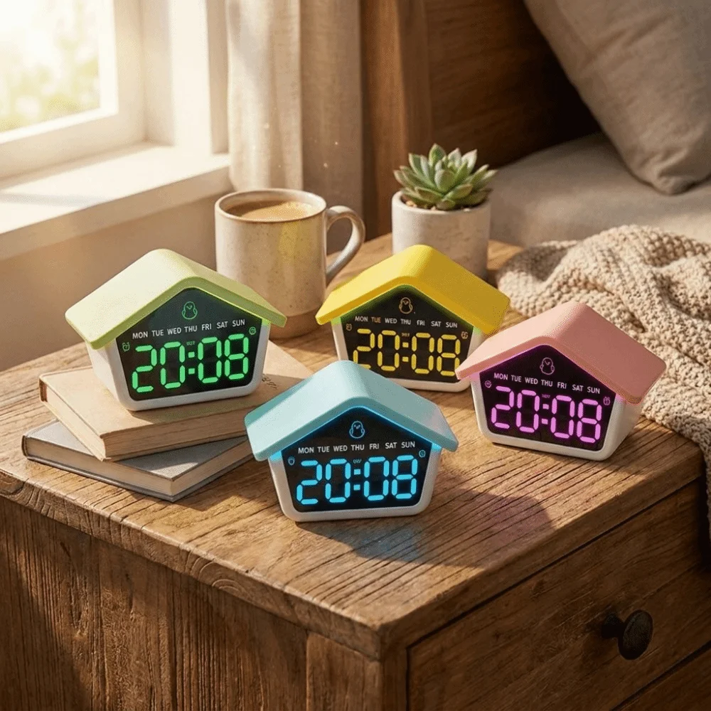 

House Shaped LED Digital Alarm Clock Brightness Adjustment 2 Alarms Desk Clock Week Date Silent DST Snooze Night Light Clock