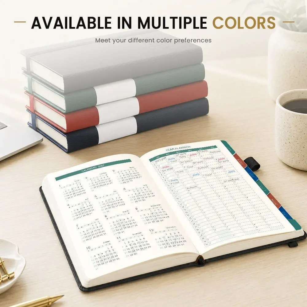 A5 Size Daily Planner Notebook Thick Paper Leather Cover Hardcover Planner Book Multi-Color To Do List 2027 Calendar Log