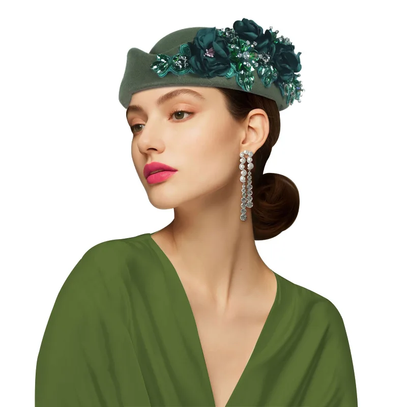 

Church Derby Fascinator With Flower Ladies Soft Beret Caps For party Airline Stewardess Hat Vintage Felt Turban Hat For Women