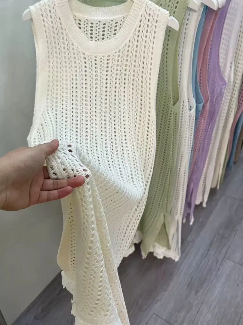 Dresses for Women Summer New High-end Designed Loose Simple Casual Temperature Niche Chic Hollow Slit Mid-length Knitted Dress