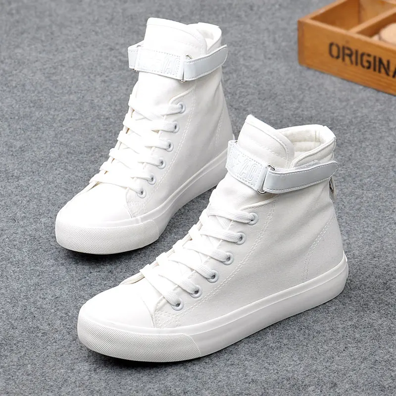 New Fashion High Top Sneakers Canvas Shoes Women Casual Shoes White Flat Female Basket Lace Up Solid Trainers Chaussure Femme