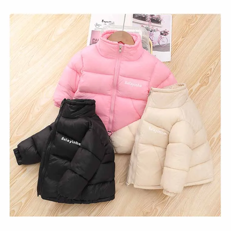 Girls Winter Warm Thickened Down Coat Boys Solid Color Letter Standing Collar Outerwear Kids Autumn New Casual Fashion Jacket