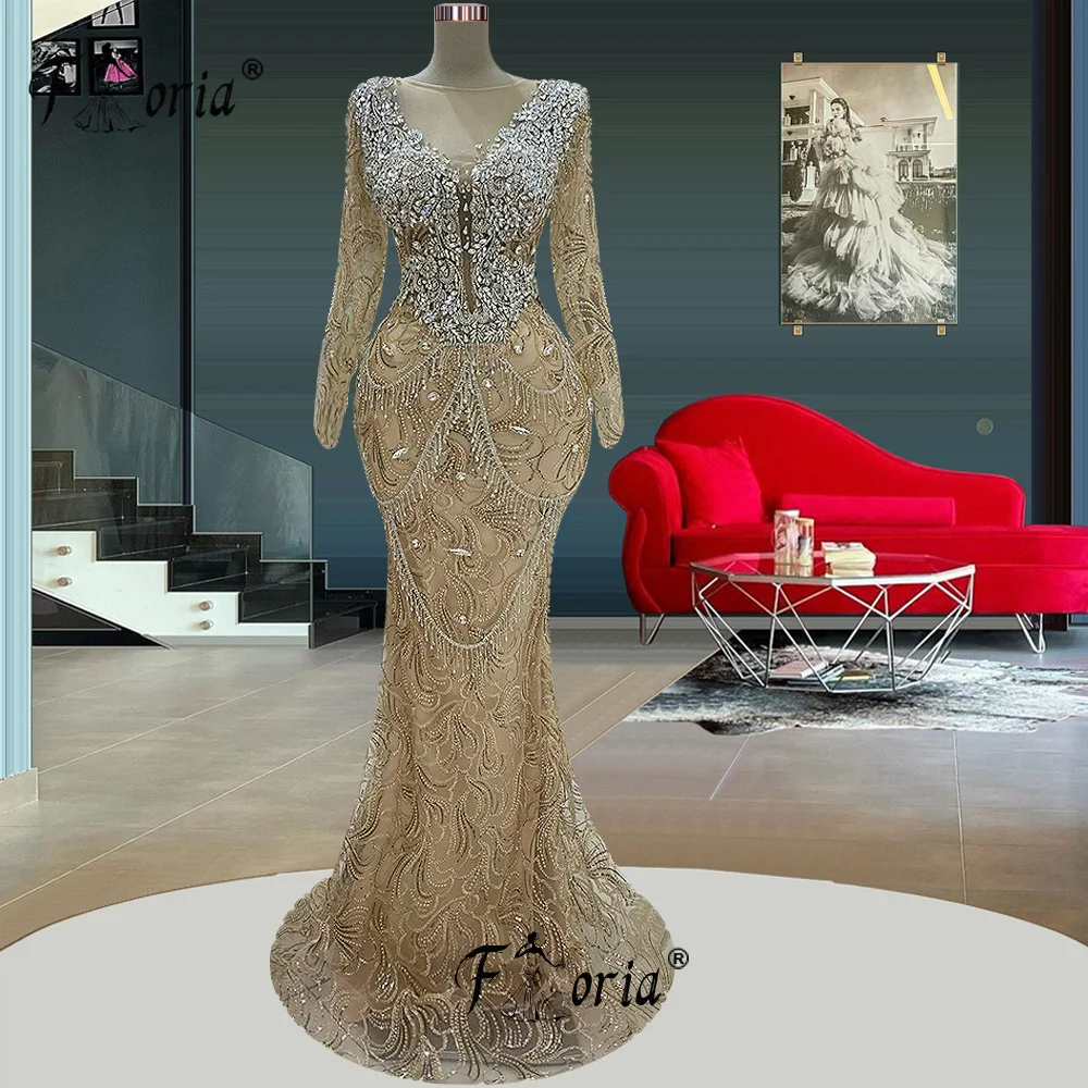 Elegante 2024 Kristallen Franjes Champagne Formele Feestjurk Dubai Lange Mouw Kralen Kwastje Zeemeermin Bruiloft Evenement Jurken Gala Robe