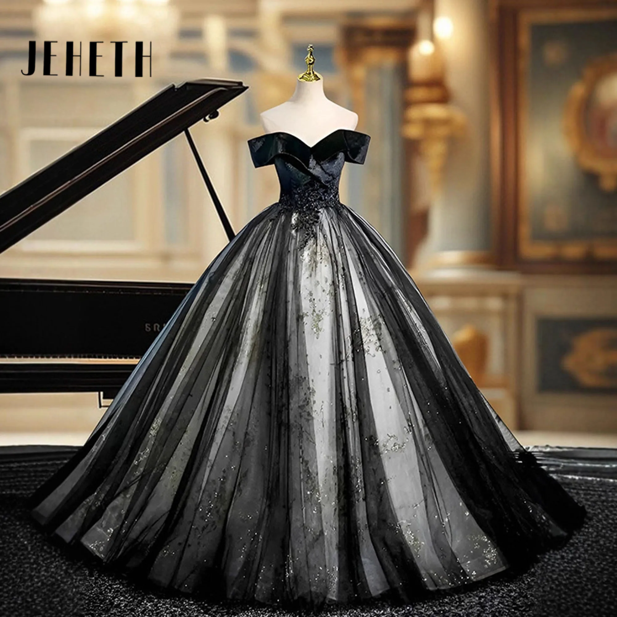 

JEHETH, черные сверкающие платья Quinceanera 15, кружевное элегантное бальное платье с открытыми плечами, торжественное платье принцессы 15 лет, Vestidos De