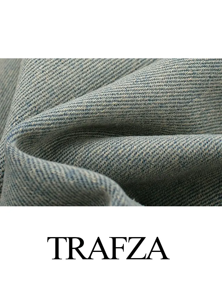 TRAFZA autunno moda o-collo manica lunga cerniera giacca allentata Top corto da donna giacca corta in Denim decorato con foro da donna