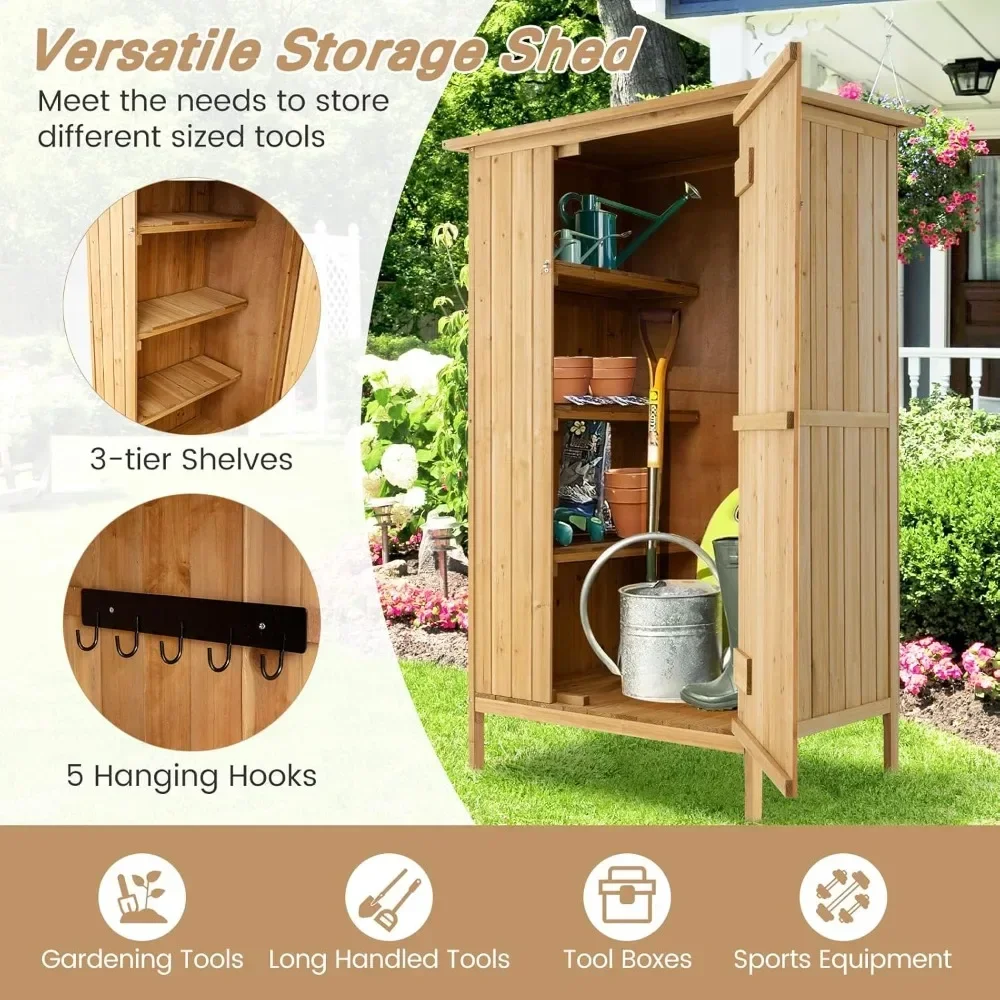 Outdoor Storage Cabinet,  Wooden Garden Shed with Asphalt Roof, 3 Shelves, Lockable Door Outside Utility Tool Shed Organizer for